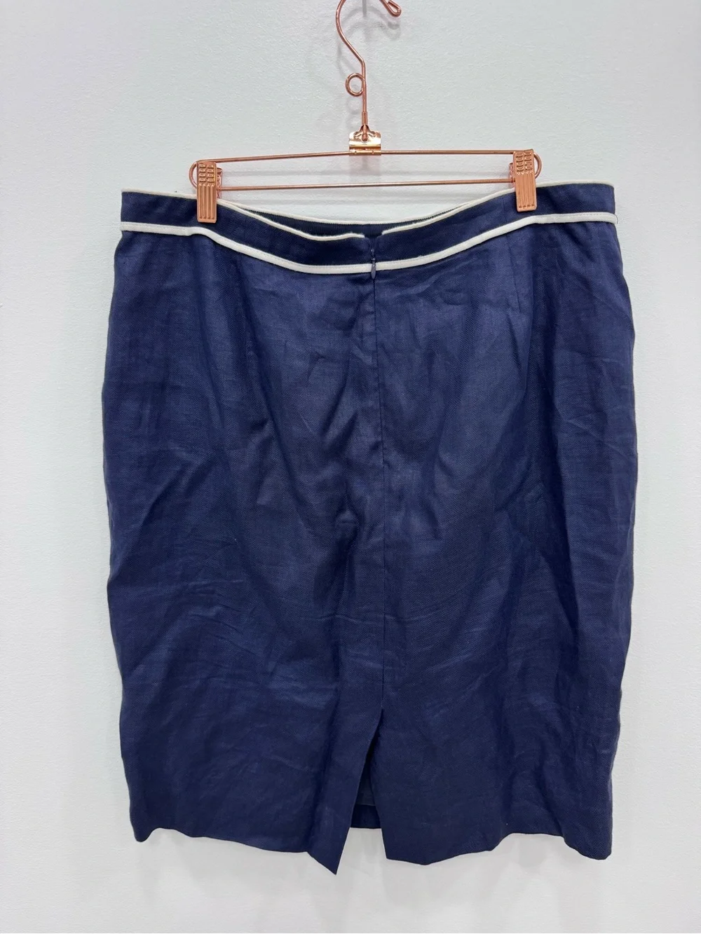 J.Crew Navy Blue Linen pencil skirt knee length white contrast trim Sz 14